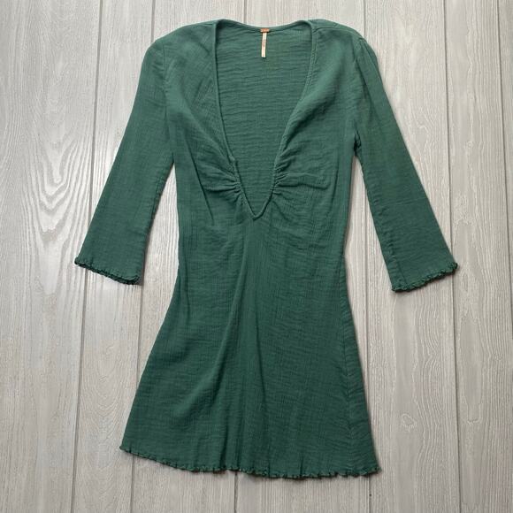 Free People Women's Green Crepe Deep V Neckline Mini Dress Size Small Altered - Picture 1 of 12